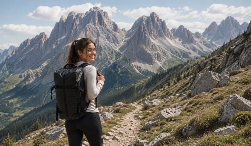 Reisende Frau am Wandern mit Duffel Bag